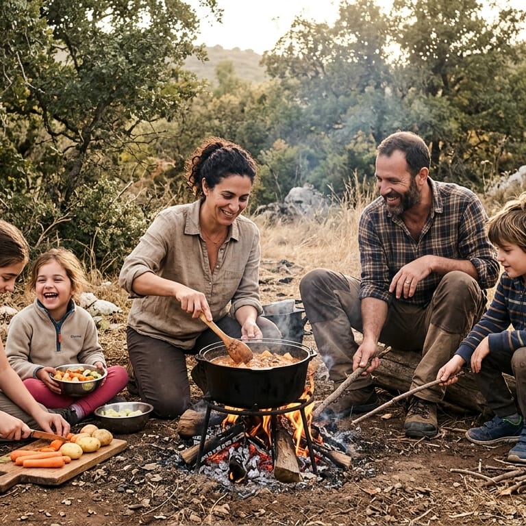 משפחה מבשלת סיר על אש בחורשה: ילדים קוצצים ירקות ומבוגרים מסתכלים בסיר