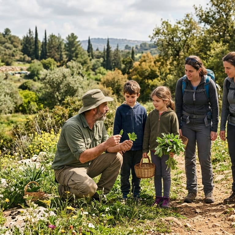 מדריך מראה לילדים עלה של צמח בר בשביל בין פריחה ושיחים, ולידם שתי מבוגרות עם תרמילים