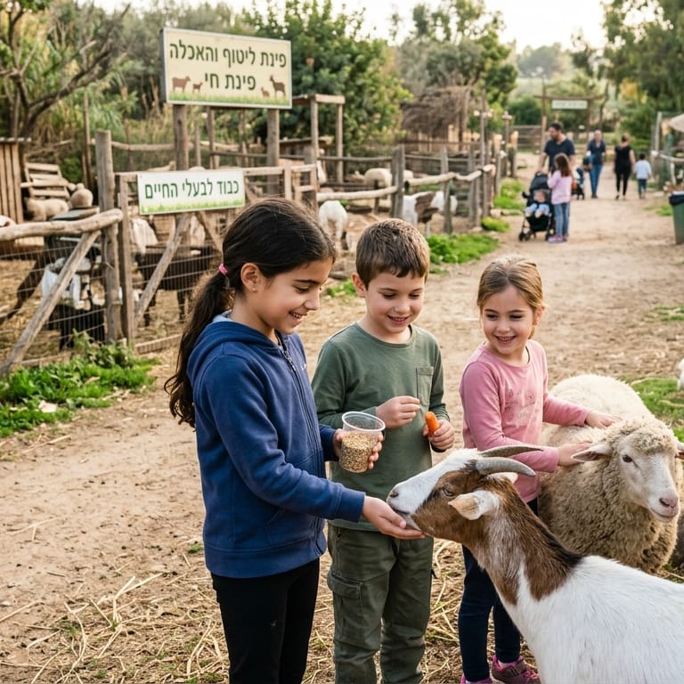 ילדים מאכילים עז וכבשה בפינת חי, בליווי מדריכה, בין גדרות עץ ותרנגולות